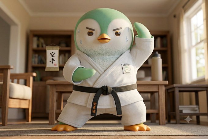 A cute cartoon penguin wearing a white karate gi and black belt stands in a dojo setting, with Japanese text '空手' on a hanging scroll and 'KARATE DOJO' on a chest patch.