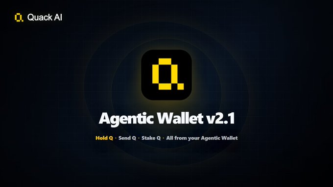 The image shows a screenshot of a website called "Agentic Wallet v2.1". It appears that this is an AI agent, possibly designed for wallet management or transactions, offering various functions such as viewing Q inside the Agent Wallet, sending Q from an AI-controlled wallet, staking and unstaking Q through the same gasless execution layer, and keeping it. The main focus of the image is the yellow "Q" logo in the center with a black background surrounding it, which is likely related to the wallet management or transaction features provided by the Agentic Wallet v2.1 AI agent.