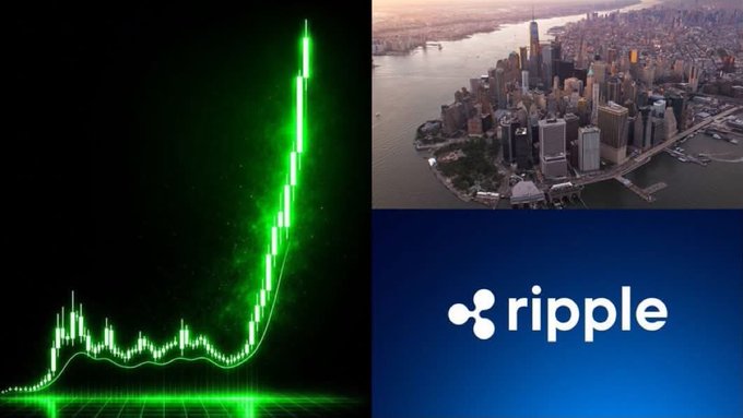 A composite image showing a green upward-trending financial chart, an aerial view of New York City's Manhattan skyline, and the Ripple cryptocurrency logo on a blue background.