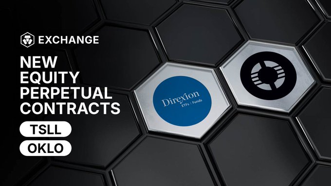 A promotional graphic for an 'EXCHANGE' platform announcing 'NEW EQUITY PERPETUAL CONTRACTS' for TSLL and OKLO, featuring hexagonal designs with Direxion and another logo.