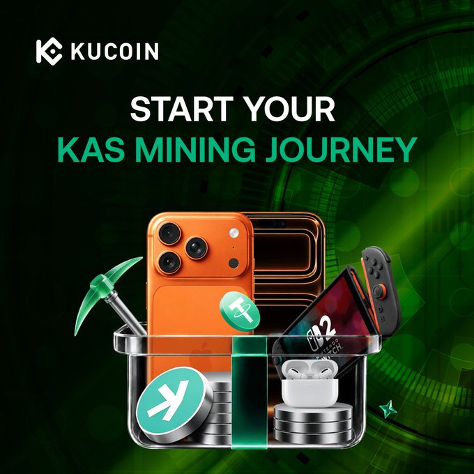 A KuCoin promotional graphic featuring the text "START YOUR KAS MINING JOURNEY" alongside an iPhone, Nintendo Switch 2, AirPods, and pickaxe arranged as mining rewards, visually representing the campaign's prizes of USDT, KAS, a Nintendo Switch 2, iPhone 17 Pro Max, and up to 10,000 KAS for joining KuMining.