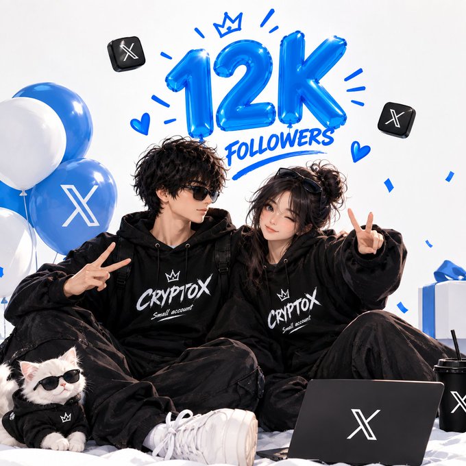 A promotional illustration celebrating 12K followers on X, featuring a couple and a cat in matching CryptoX hoodies with peace signs.