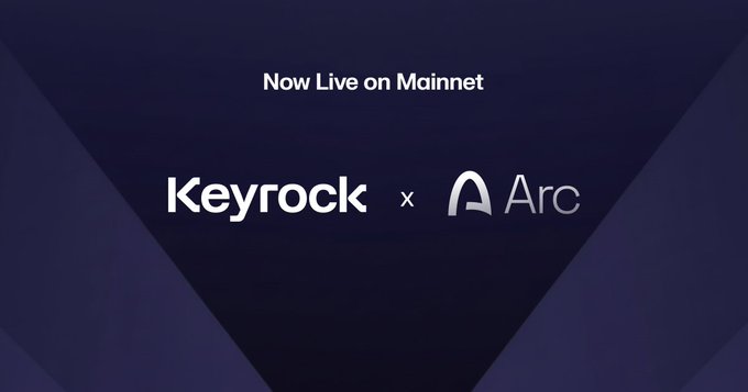 A promotional graphic with the text "Now Live on Mainnet" alongside the logos for Keyrock and Arc against a dark blue background, announcing Keyrock's launch-day integration with the Arc network to provide liquidity and capital deployment support.