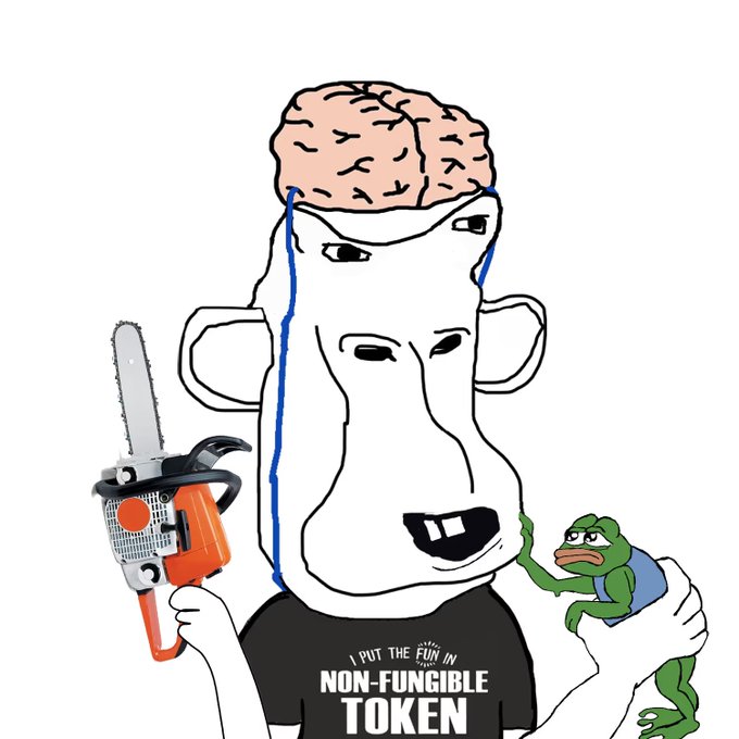 A crude cartoon drawing depicts a man with an exposed brain wearing a "I PUT THE FUN IN NON-FUNGIBLE TOKEN" shirt, holding a chainsaw, with a small Pepe the Frog character clinging to him.