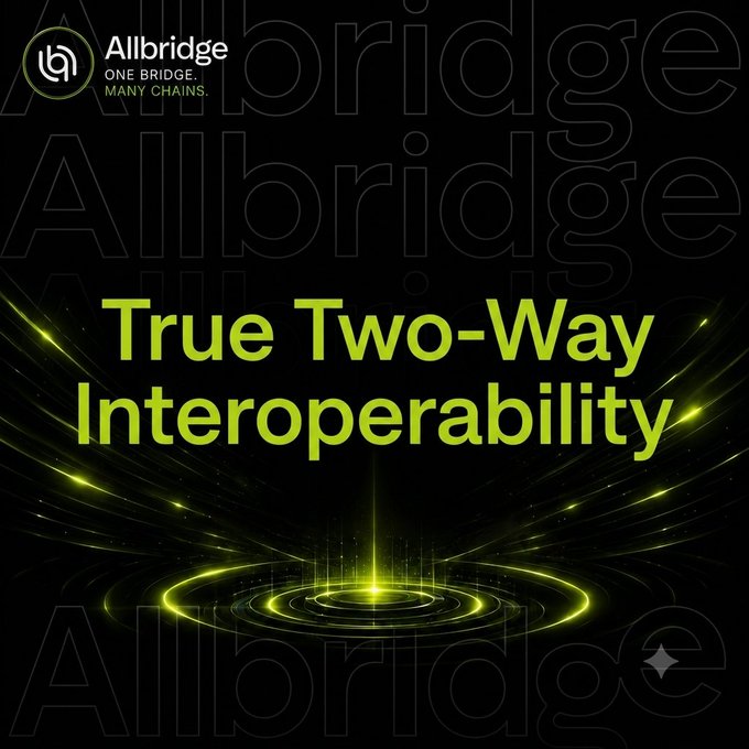 Promotional graphic with the text 'Allbridge - ONE BRIDGE. MANY CHAINS.' and 'True Two-Way Interoperability' on a dark background with a glowing green circular design.