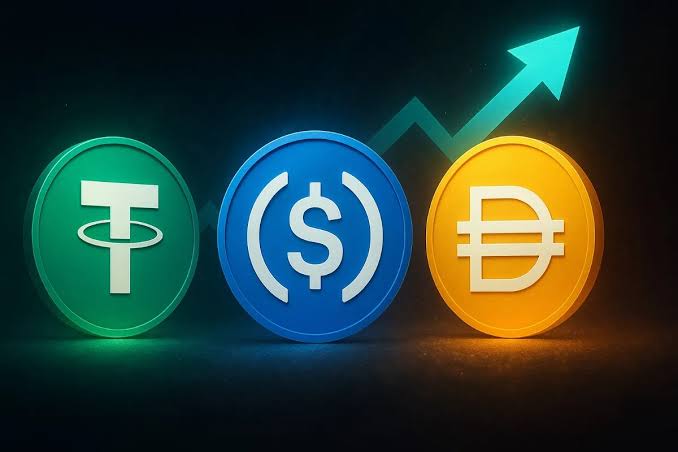 Three glowing cryptocurrency coins (Tether, USDC, and Bitcoin) with a green upward trending arrow against a dark background.