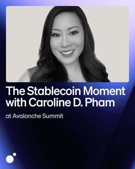 Promotional graphic featuring a black-and-white headshot of Caroline D. Pham, with text announcing "The Stablecoin Moment with Caroline D. Pham at Avalanche Summit," tied to her appearance at the NYC event following WisdomTree's announcement.