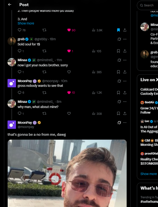A social media post screenshot showing a Twitter/X thread where user 'Minaa' jokes about getting nudes, and user 'MoonPay' roasts them, including a selfie of a man with sunglasses.
