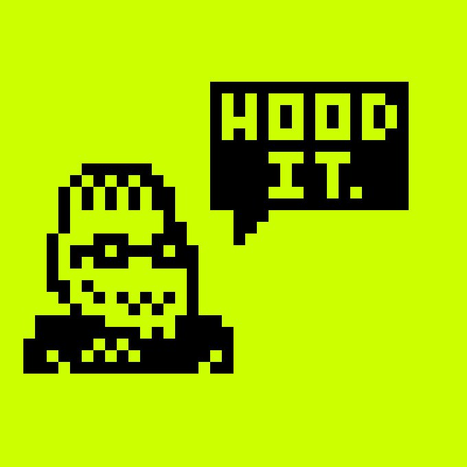 A yellow pixel art image featuring a black outline of a character with a speech bubble containing the text 'HOOO IT.'