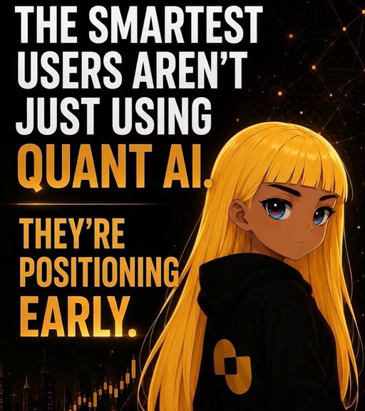 The image features a cartoon girl with blonde hair wearing a black hoodie, standing against a black background that includes a city skyline. The text above her reads "the most smartest users aren't just using Quant AI", which seems to be a reference to the popular trading app called Quant. The post also mentions that early users are rewarded for participating in the platform before it becomes crowded with other investors.