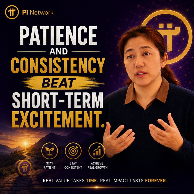 A Pi Network promotional graphic featuring a woman alongside the quote 'PATIENCE AND CONSISTENCY BEAT SHORT-TERM EXCITEMENT,' with icons for 'Stay Patient,' 'Stay Consistent,' and 'Achieve Real Growth,' and the tagline 'Real value takes time. Real impact lasts forever.'
