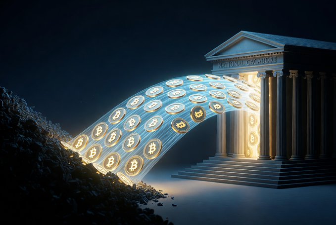 A stream of glowing Bitcoin (₿) coins flows from a grand neoclassical building labeled "NATIONAL CACAOERE" (likely "NATIONAL CACAO" or a stylized "NATIONAL CACAOURE" referring to a national treasury/asset authority) into a dark pile, symbolizing cryptocurrency assets—including the 8.3 million USDT mentioned in the post—being channeled into state management by Ukraine's ARMA.