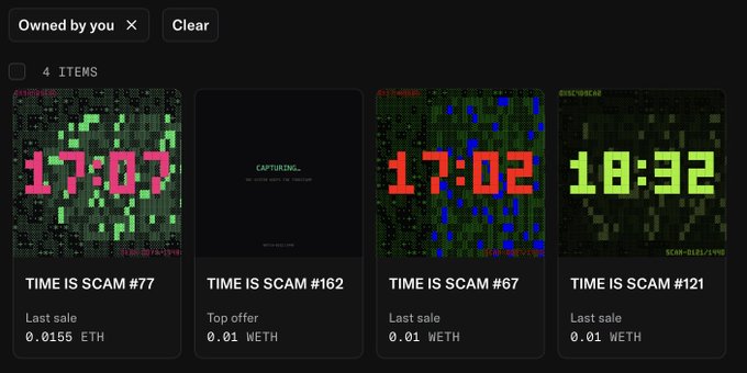 A dark-themed NFT marketplace interface showing 4 items titled 'TIME IS SCAM' with various pixelated digital clock designs displaying times like 17:07, 17:02, and 18:32, listed with prices in ETH and WETH.