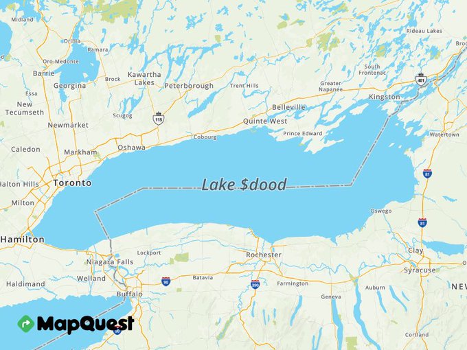 A MapQuest map of the Lake Ontario region, but with a typo labeling the lake as "Lake $ood" instead of "Lake Ontario".