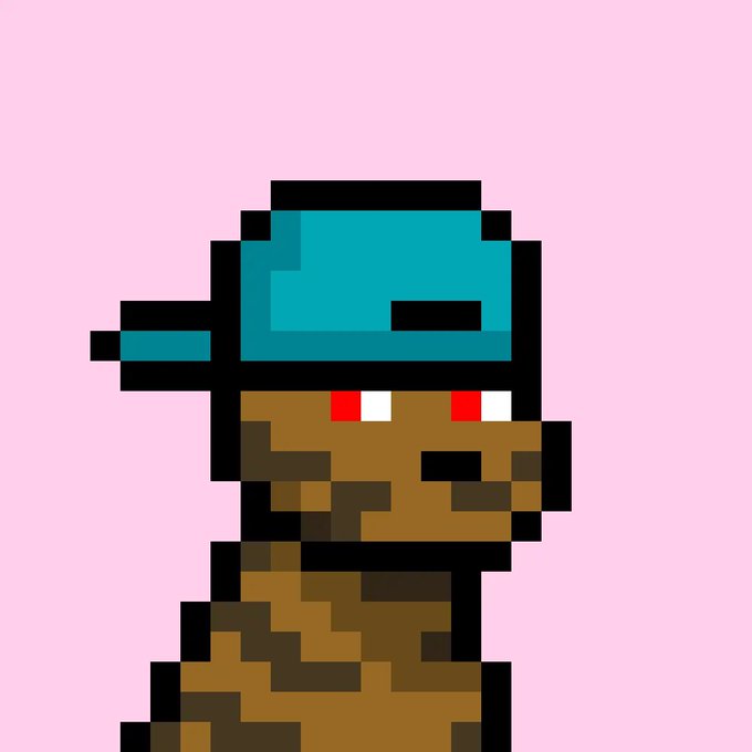 A pixel art illustration on a pink background featuring a brown character with glowing red eyes wearing a teal VR headset.