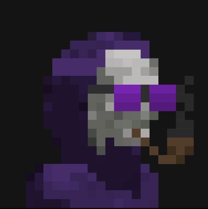 A pixel art character with white hair, purple sunglasses, a gray jacket, and a dark purple cloak is rendered against a solid black background.
