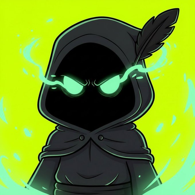 Cartoon illustration of a hooded, shadowy figure with glowing green eyes and a feather quill, set against a bright yellow-green background.