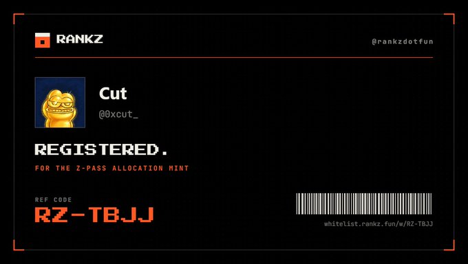 A digital ticket for "RANKZ" shows a registered spot under the username "Cut" (@0xcut_) for the Z-Pass Allocation Mint, with reference code RZ-TBJJ.