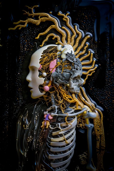 An intricate 3D digital artwork of a skeletal figure merged with a woman's face, featuring yellow neural-like tendrils and pink accents against a dark background.