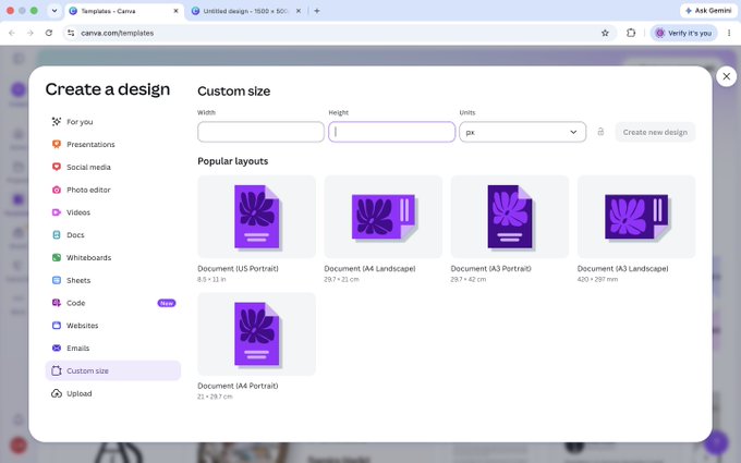 A screenshot of the Canva website shows the 'Create a design' dialog open, with 'Custom size' selected in the left sidebar and various popular document layout presets displayed in the main window.