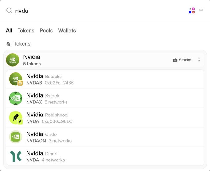 A search interface for "nvda" displays five different tokenized versions of Nvidia stock, including Bstocks (NVDAB), Xstock (NVDAX across 5 networks), Robinhood (NVDA), Ondo (NVDAON across 3 networks), and Dinari (NVDA across 4 networks), illustrating the crowded landscape of competing tokenized stock issuers referenced in the post.
