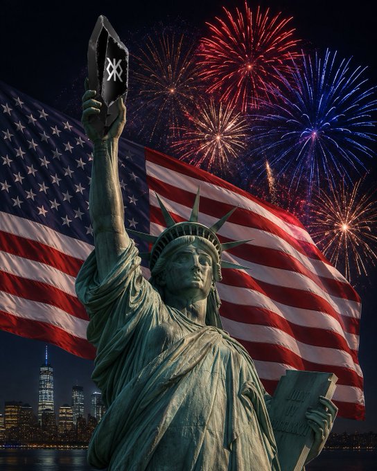 A Statue of Liberty image with the American flag and fireworks in the background, with the torch modified to display a logo on its flame.