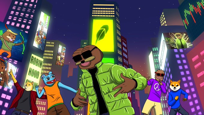 A colorful NFT-style illustration of various cartoon animals (ducks, bears, a dog in sunglasses) dancing in a neon-lit cityscape with cryptocurrency-themed billboards including 'ROBIN HOOD' and price charts.