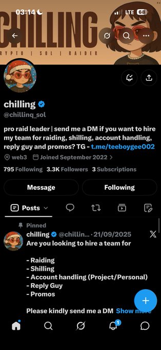 A mobile screenshot of an X (Twitter) profile for 'chilling' (@chilling_sol), a verified account with bio text offering 'pro raid leader' services for 'raiding, shilling, account handling, reply guy and promos' on the SOL/RAIDER platform.