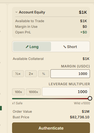 A trading interface showing an Account Equity of $1K, with margin settings including a 1000x leverage multiplier resulting in a $1M Order Value with a bust price of $82,736.10.