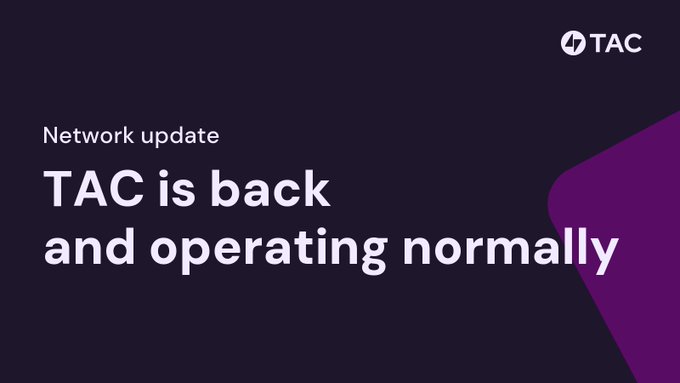 A dark purple TAC network update graphic with bold white text reading "Network update: TAC is back and operating normally," paired with the TAC logo in the top right corner, visually announcing the resumption of mainnet operations.
