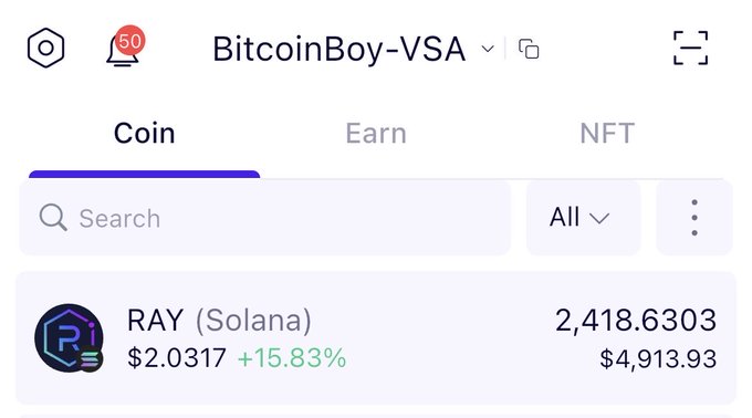 A cryptocurrency app screen from 'BitcoinBoy-VSA' displays RAY (Solana) trading at $2.0317 with a 15.83% increase, showing a balance of 2,418.6303 tokens worth $4,913.93.