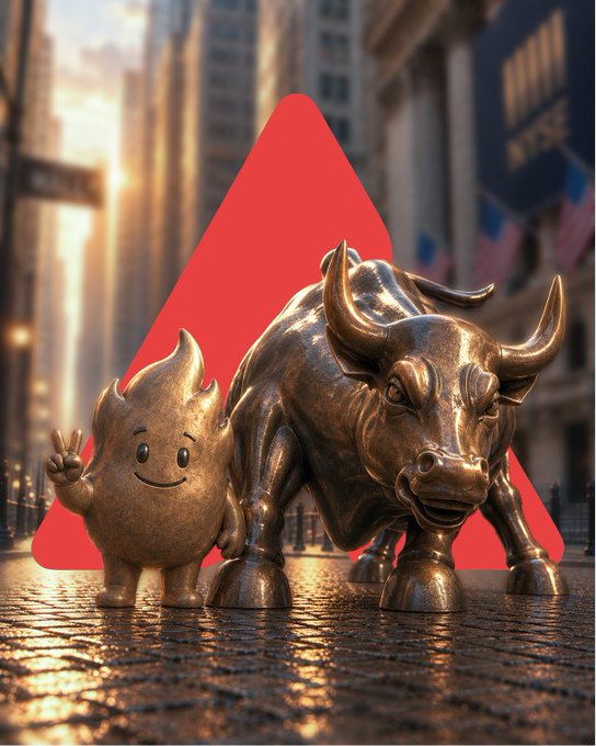 An AI-generated image of the Wall Street Bull statue alongside a small cartoon character with a flame head, set against a red triangle and city backdrop.
