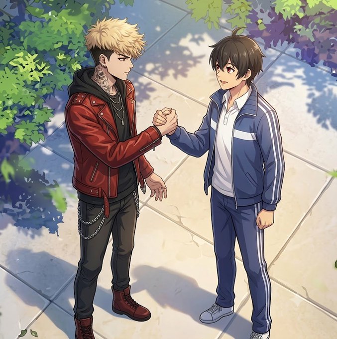 Anime-style illustration of two male characters doing a fist bump outdoors, one wearing a red leather jacket with blonde hair and tattoos, the other in a blue and white tracksuit.