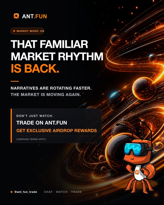 A promotional poster for ANT.FUN featuring the headline "THAT FAMILIAR MARKET RHYTHM IS BACK" alongside an orange ant mascot wearing VR goggles, with a call to action to trade on ANT.FUN for exclusive airdrop rewards, matching the post's message about renewed market momentum.