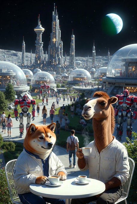A surreal sci-fi illustration depicts a Shiba Inu and a llama in shirts sitting at a café table with coffee, overlooking a futuristic city with domes, robots, and a distant moon.
