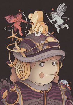 An anime-style illustration showing a character with a decorative helmet, with a small red devil and a white angel with a halo on its shoulders.