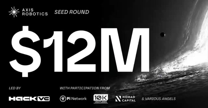 A nearly identical black and white announcement banner for Axis Robotics' $12M Seed Round led by hack_vc, featuring a planet graphic on the right side.
