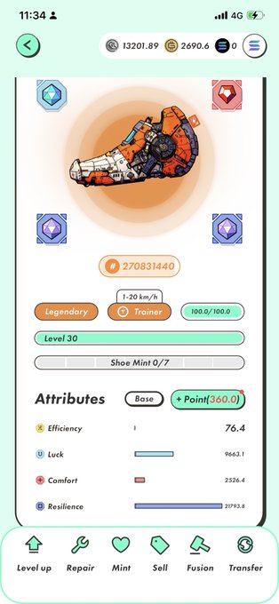 A mobile game interface displaying the attributes of a Level 30 'Legendary Trainer' shoe with stats for Efficiency, Luck, Comfort, and Resilience.