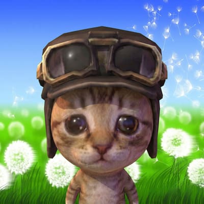 A digital illustration of an adorable kitten wearing a brown aviator hat and goggles, standing in a grassy field with dandelions.