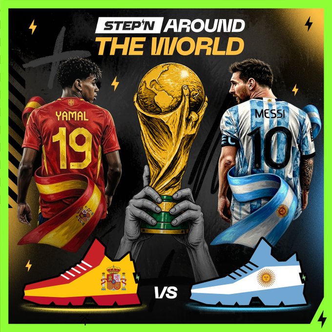 A promotional graphic for 'STEP'N AROUND THE WORLD' featuring a World Cup trophy between soccer players Yamal (#19) and Messi (#10), with sneakers designed in Spanish and Argentinian flag colors at the bottom.