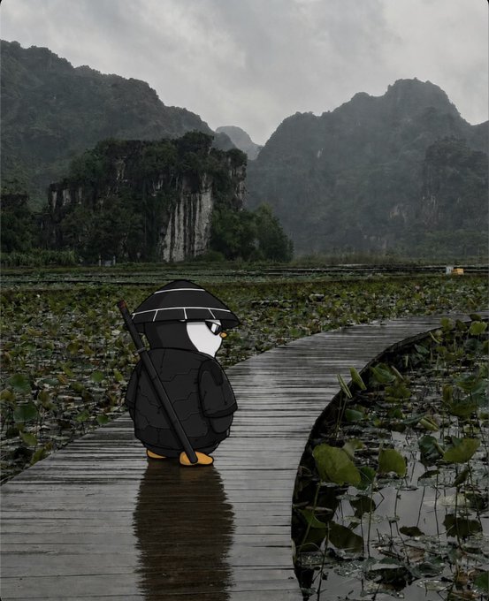 A composite image featuring a cartoon penguin wearing a conical hat and black coat, holding a staff while walking on a wooden boardwalk through a misty landscape with karst mountains.