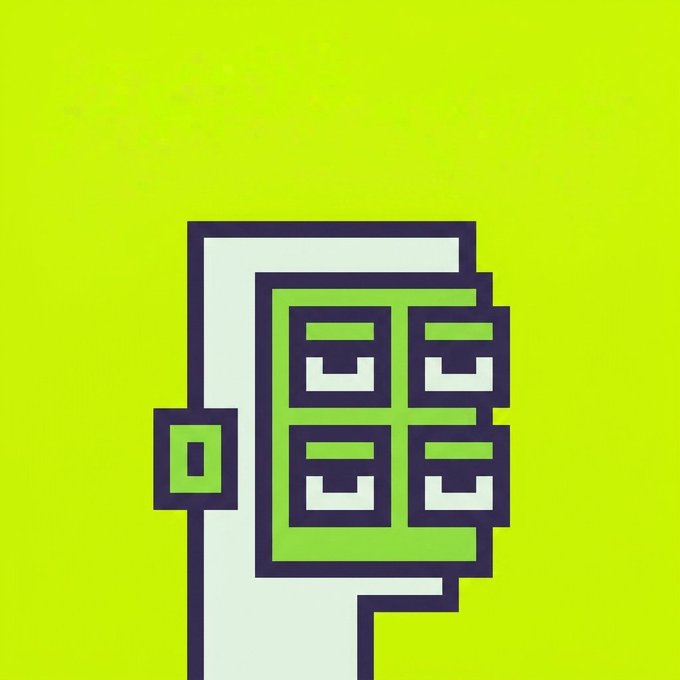 A pixel art illustration of a robotic character head with a visor and rectangular eyes, rendered in green, white, and black against a bright lime-green background.