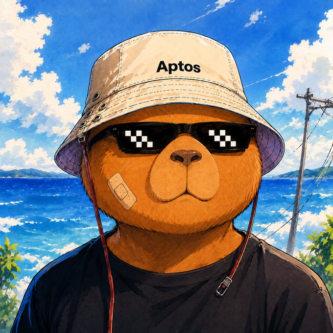 An anime-style anthropomorphic dog wears pixelated "deal with it" sunglasses and a beige bucket hat labeled "Aptos," with a bandage on its cheek, set against a coastal backdrop. The image ties to the post's "DeFi Summer" theme by personifying the Aptos blockchain as a cool, laid-back mascot enjoying summer vibes.