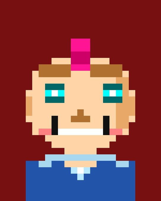A pixel art portrait of a character with a pink mohawk, teal eyes, and a wide toothy smile wearing a blue shirt against a dark red background.