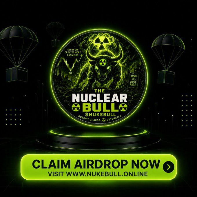 A neon green and black promotional graphic featuring a menacing bull with a radiation symbol on its forehead within a glowing circular emblem for "The Nuclear Bull" ($NUKEBULL), with the tagline "Doesn't Charge, Detonates." Below the central design, a bright call-to-action invites viewers to "CLAIM AIRDROP NOW" at www.nukebull.online, directly supporting the accompanying post's instructions to drop a Solana wallet address for a 500,000 $NUKEBULL token airdrop.