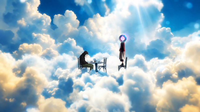A surreal digital artwork depicts a person sitting alone at a table for two high above a sea of clouds, while another figure stands on a chair holding a glowing orb.