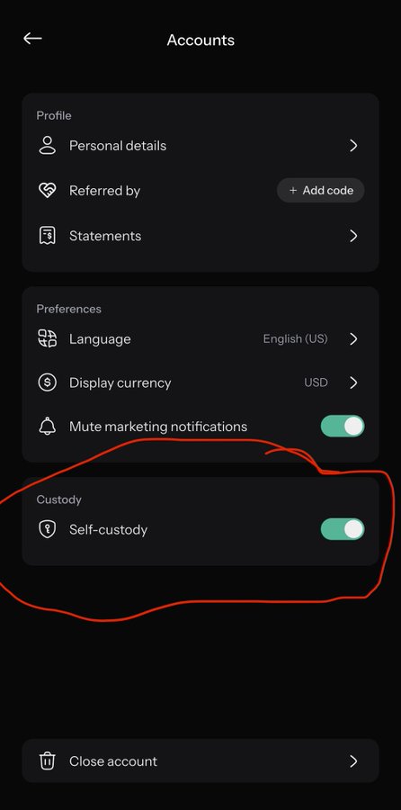 An 'Accounts' settings screen is shown, with the 'Self-custody' option under the 'Custody' section circled in red and toggled on.