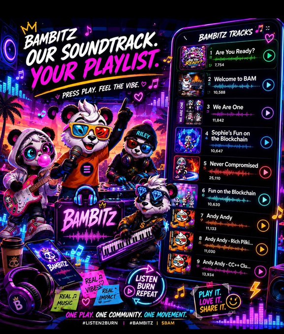 A vibrant neon promotional graphic titled 'BAMBITZ OUR SOUNDTRACK. YOUR PLAYLIST.' featuring cartoon panda DJs and a music player interface with tracks like 'Are You Ready?', 'Welcome to BAM', and 'We Are One' with hashtags #LISTEN2BURN #BAMBITZ $BAM.