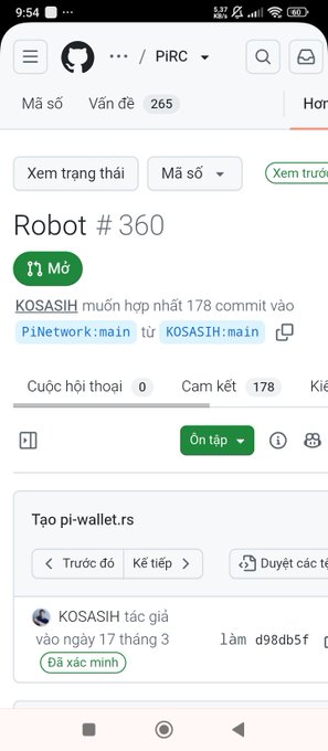 A GitHub issue page for Pi Network's "Robot #360" shows KOSASIH requesting to merge 178 commits into the PiNetwork:main branch, with pi-wallet.rs as an example of merged work, addressing the post's inquiry about the developer's code contributions and connection to Nikos Kokkalis's project.