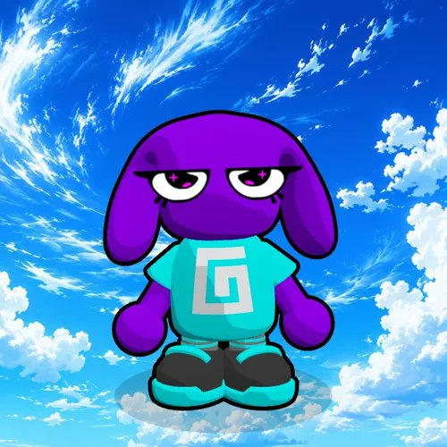 A cartoon-style digital illustration of a purple character with droopy eyes wearing a teal shirt with a geometric design, standing against a bright blue sky with clouds.
